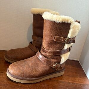 Brown Ugg boots suede with fur trim and buckles